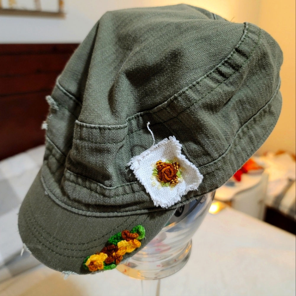 Army Green Denim Floral Fun Hat